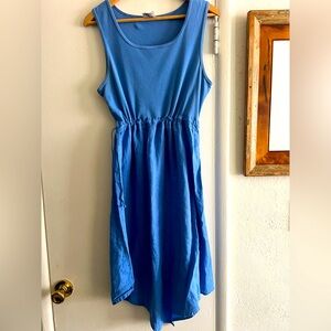 Blue linen dress with cinched waist